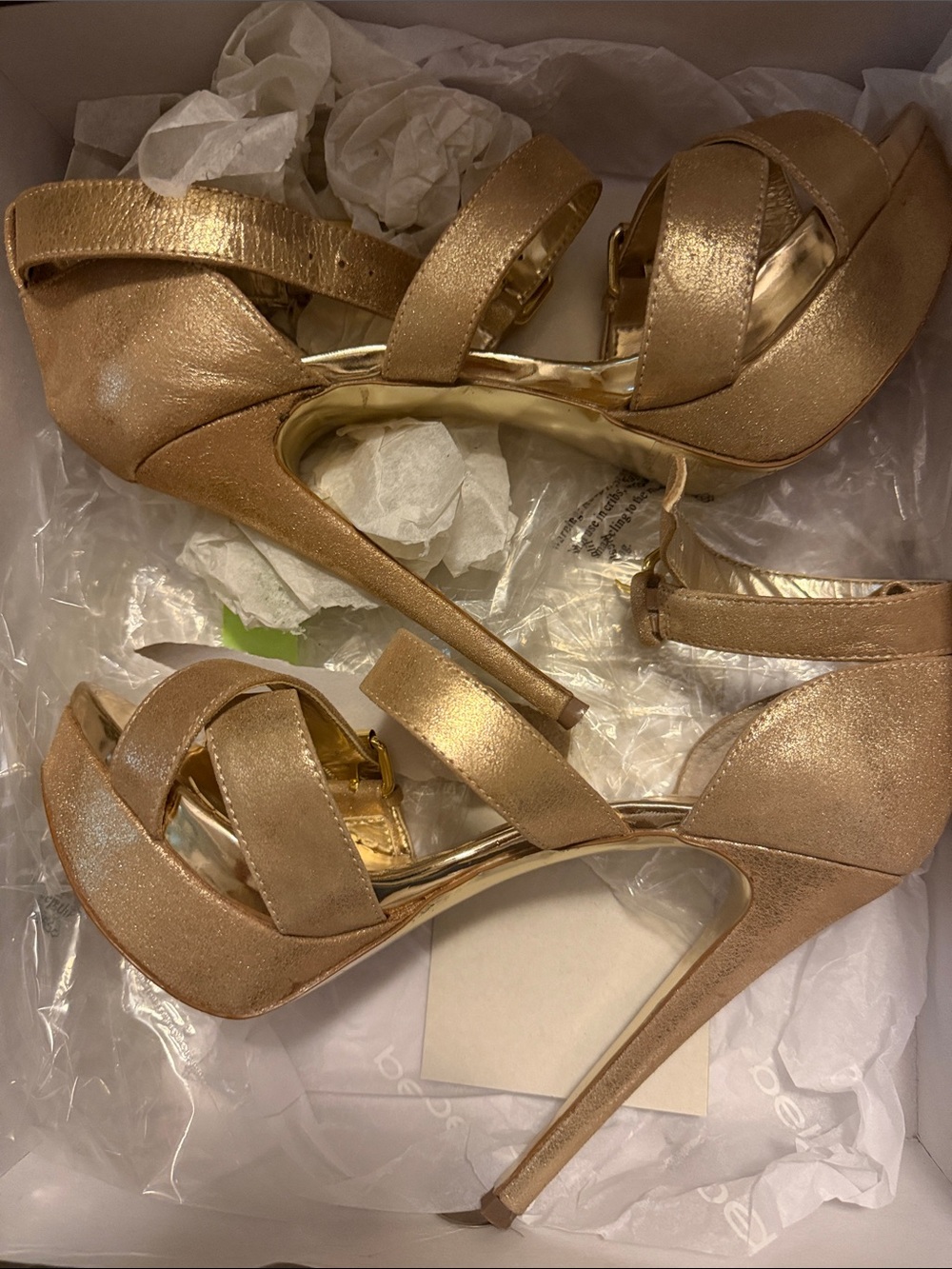 bebe Metallic Gold Strappy Platform Stiletto Sandals